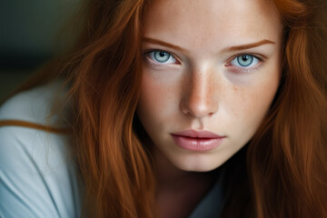 Poster - Woman with blue eyes and red hair is looking at the camera.