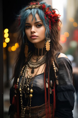 Wall Mural - Woman with blue hair wearing black top and necklace.