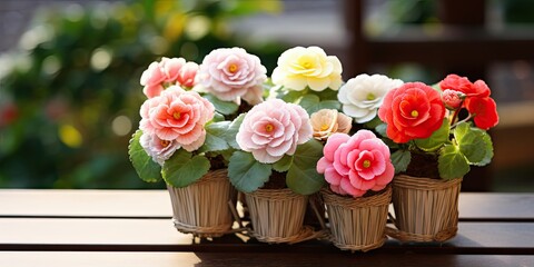 Old basket with vintage ceramic cupcakes and fresh begonia flowers. Close up, wooden table and background. Quiet garden.