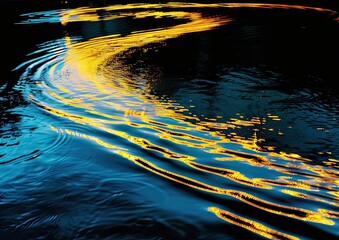 Wall Mural - yellow and white light trails of luminous lines on the surface of the water in a big lake in the night with waves on a dark background