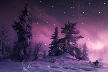 Wall Mural - a beautiful shot of milky in night sky with trees and snow and a lake nearby during sunset in the night with clear sky and glowing stars