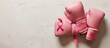 © Sawoon - Flatlay Pink fighting boxing gloves with female cancer ribbon for chemo support awareness month charity fundraiser events for oncology screening womens health plain simple banner background no people