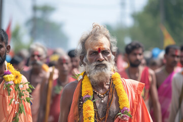 The devotion and spiritual fervor of devotees as they undertake the long Thaipusam procession. Soft focus.