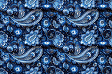 Seamless Pattern With Traditional Oriental Indian Paisley Ornament Texture On Blue Background For Fabric Decor