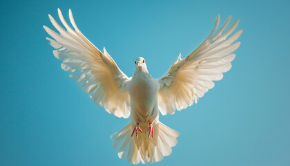 Wall Mural - Recreation of a white dove, as Holy Spirit, flying with the wings extended in blue sky