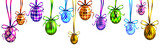 Fototapeta Big Ben - Colorful Easter eggs with bows hanging on isolated background. Easter banner with hanging shiny Easter eggs and ribbons on transparent background. Horizontal Easter banner.