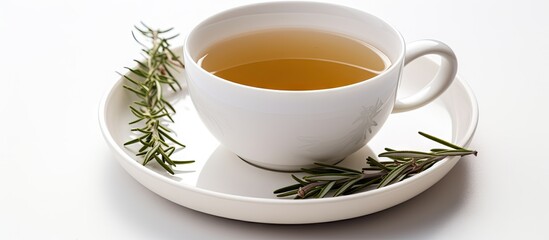 Poster - A Cup of Tea with a Sprinkle of Serenity - Relaxing Beverage Scene with Herbal Infusion and Fresh Green Leaves