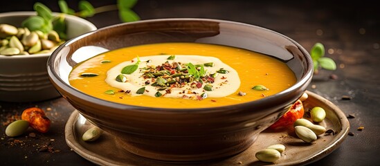 Wall Mural - Vibrant Bowl of Vegetable Soup Ready to Delight Taste Buds with Fresh Ingredients and a Wholesome Approach