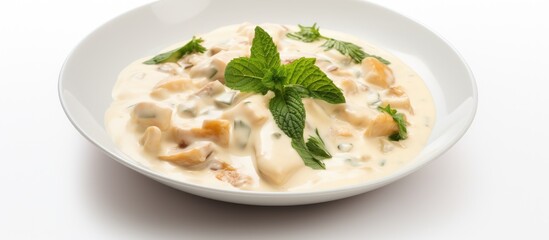 Aufkleber - Delicious Warm Soup in a Bowl Garnished with a Fresh Green Leaf and a Silver Spoon