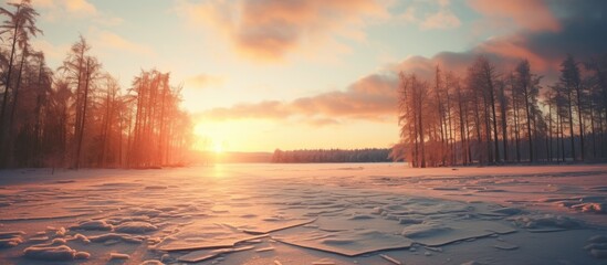 Poster - winter wonderland: scenic snowy landscape with majestic trees bathed in glowing sunlight