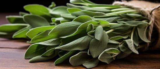 Aufkleber - Aromatic Fresh Sage Leaves Arranged on Rustic Wooden Surface for Herbal Cooking
