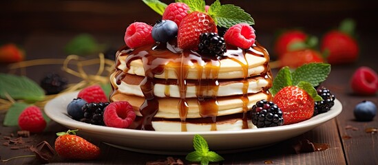 Poster - Delectable Pancakes Adorned with Sweet Syrup and Fresh Berries on a White Plate