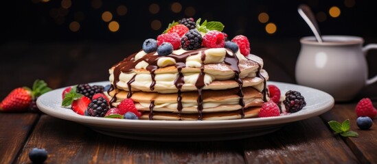 Fototapete - Delicious Pancakes Topped with Rich Chocolate Sauce and Fresh Berries on a White Plate
