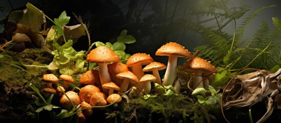 Poster - Enchanting Forest Discovery: Assorted Fungi Cluster in Lush Woodland Setting