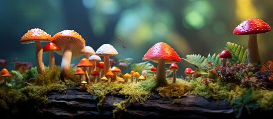 Poster - Enigmatic Forest Fungi: Colorful Group of Mushrooms on Mossy Ground