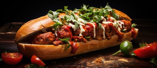 Poster - Savory Hot Dog Loaded with Delicious Meat and Stringy Cheese on Rustic Wooden Cutting Board