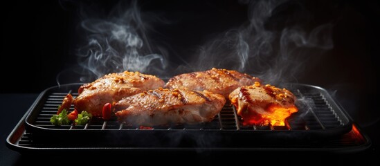 Fototapete - Sizzling BBQ Grill with Juicy Meat and Flavorful Smoke, Outdoor Cooking Scene Concept