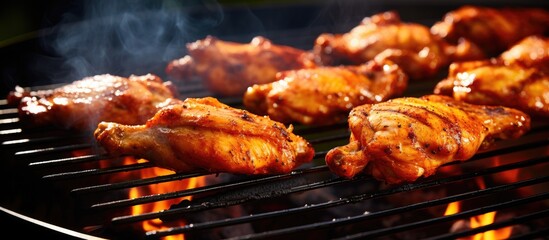 Fototapete - Sizzling Barbecue: Delicious Chicken Cooking on an Open Flame Grill Outdoors