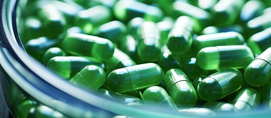 Aufkleber - Glass Jar Overflowing with Lush Green Pills - Organic Supplements and Nutrition Concept
