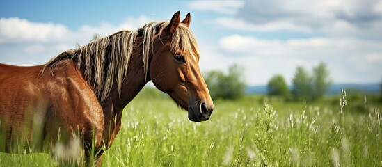 Poster - Majestic Stallion Standing Gracefully amidst Lush Green Grassland in a Serene Landscape