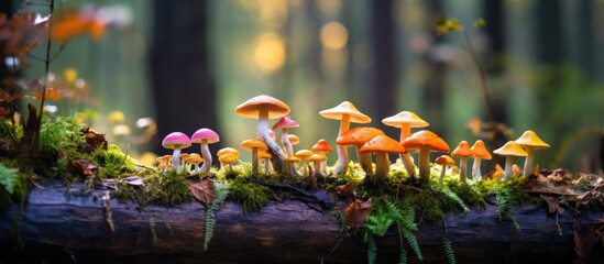 Poster - Enchanting Group of Mushrooms Flourishing on a Weathered Log in a Serene Forest Setting