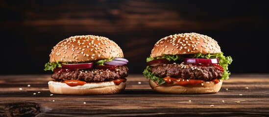 Leinwandbilder - Delicious Beef and Veggie Hamburgers Served on a Rustic Wooden Table