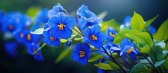 Leinwandbilder - Vibrant Blue Flowers Abundantly Bloom Among Fresh Green Leaves in a Botanical Display