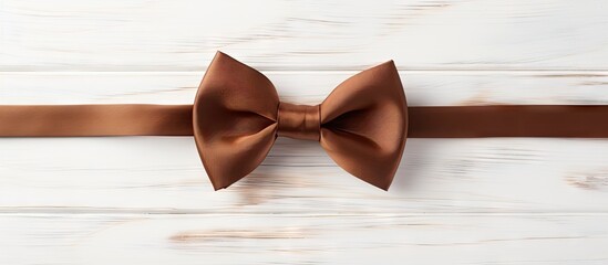 Poster - Elegant Brown Bow Adorning a White Rustic Wooden Background for Festive Decor