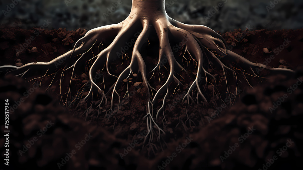 Root system of a tree growing underground, soil cross section Stock ...