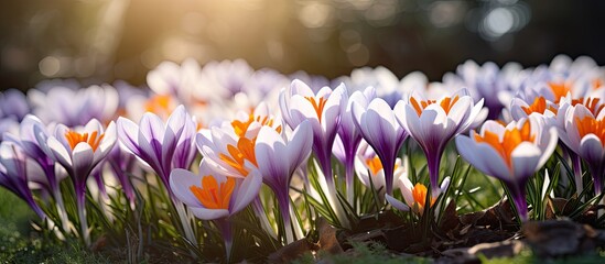 Aufkleber - Vivid Field of Colorful Crocus Flowers Blooming under Bright Spring Sunlight