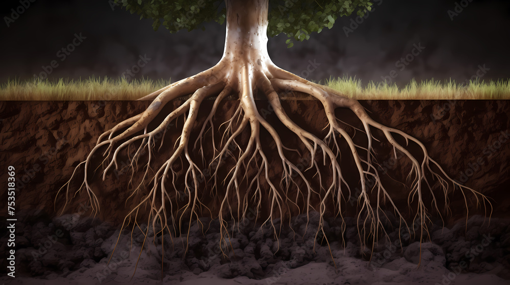Root system of a tree growing underground, soil cross section Stock ...