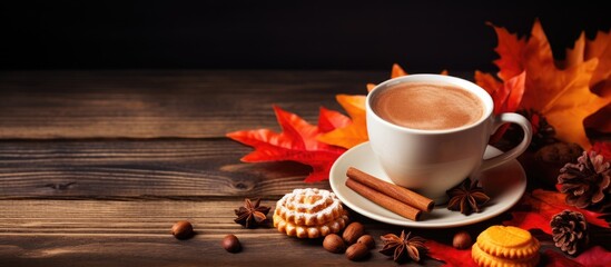 Poster - Rich and Aromatic Cup of Coffee Garnished with Cinnamon Powder and Crunchy Nuts