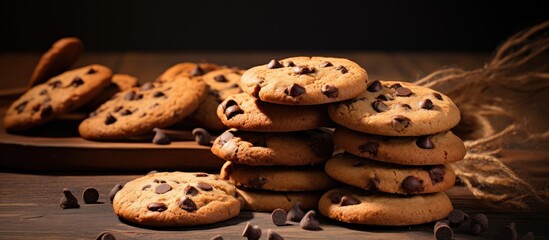 Fototapete - Homemade Delight: Assorted Chocolate Chip Cookies Piled Up on Rustic Wooden Table