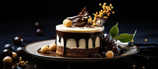 Leinwandbilder - Decadent Chocolate Cake Adorned with Rich Chocolate and Crunchy Nuts on a Delicate Plate