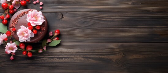 Poster - scrumptious chocolate cake adorned with juicy cherries on rustic wooden background