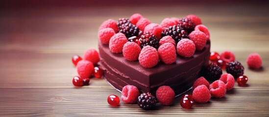 Poster - delicious chocolate cake covered with fresh raspberries and creamy raspberry sauce