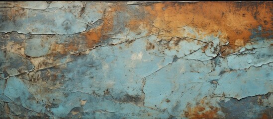 Aufkleber - This close-up view showcases the intricate details of a blue and yellow wall, revealing abstract cracked, peeling paint layers on rusted metal texture. 