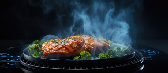 Fototapete - Juicy Chicken Grilling on a Sizzling Barbecue with Flavorful Smoke Rising