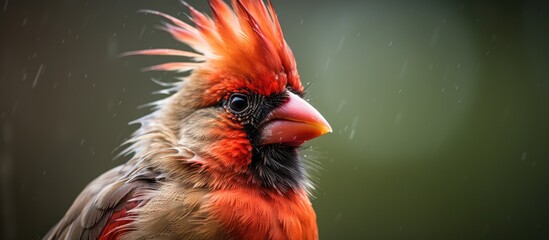 Poster - Vibrant Red-Headed Bird with Intriguing Black Eyes and Feathery Plumage