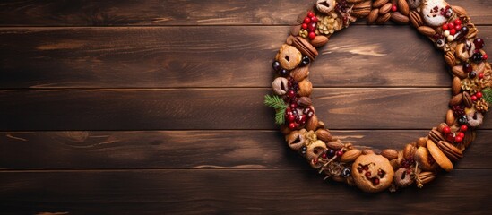 Poster - Rustic Nut Wreath and Assorted Nuts on a Textured Wooden Background