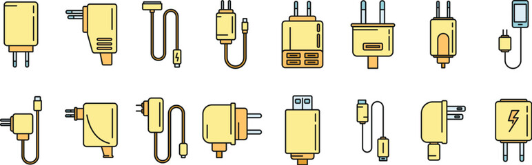 Poster - device charger icons set outline vector. mobile usb cable. smartphone charger color line isolated