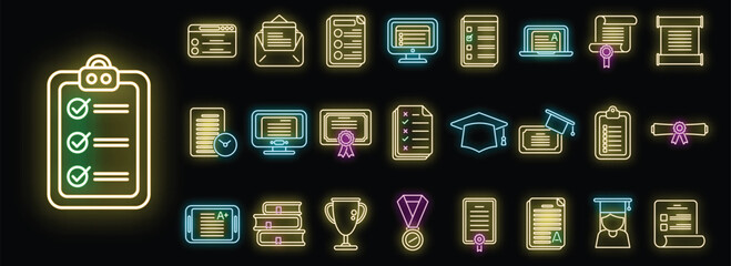 Canvas Print - Final exam icons set outline vector. Student college. Final pass neon isolated