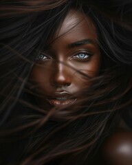 Wall Mural - Closeup portrait of woman with african ethnicity with her long hair blowing in the wind, dark settings.