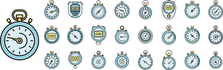 Sticker - Time stopwatch icons set outline vector. Clock timer. Sport stopwatch color line isolated