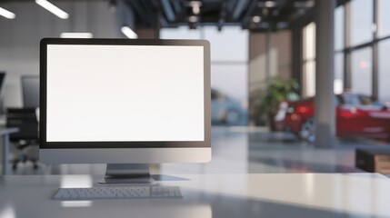 A monitor laptop with a blank white screen on a table, set against the backdrop of a modern car showroom.
