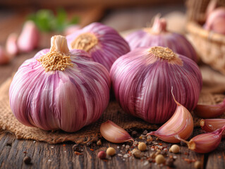 Poster - heads of garlic on a wooden background