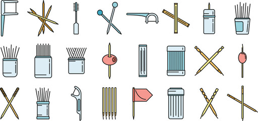 Sticker - Toothpick icons set outline vector. Clean accessory. Dental toothpick color line isolated