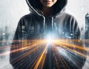 Poster - A woman is wearing a hoodie and standing in front of a city skyline