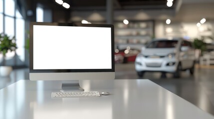 Wall Mural - A monitor with a blank white screen on a table, set against the backdrop of a modern car showroom.
