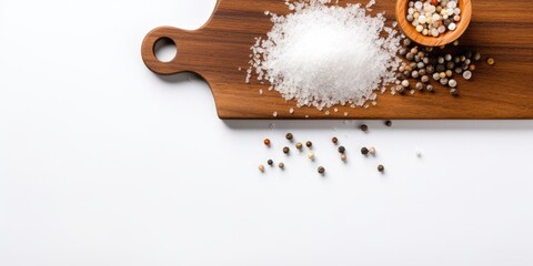 Wall Mural - Top view of a wooden cutting board with sea salt, pepper, on a white stone table. Copy space.